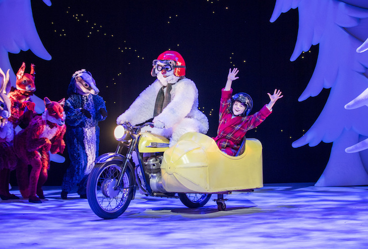 The Snowman drives James around in a yellow motorbike/sidecar