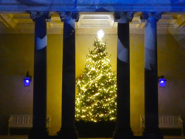 A traditionally decorated tree, partially obscured by stone columns which are part of the Hampton Court Palace building