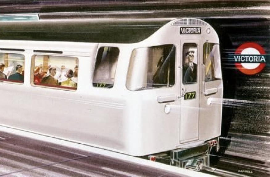 A retro cartoon of a Victoria line train pelting through a station