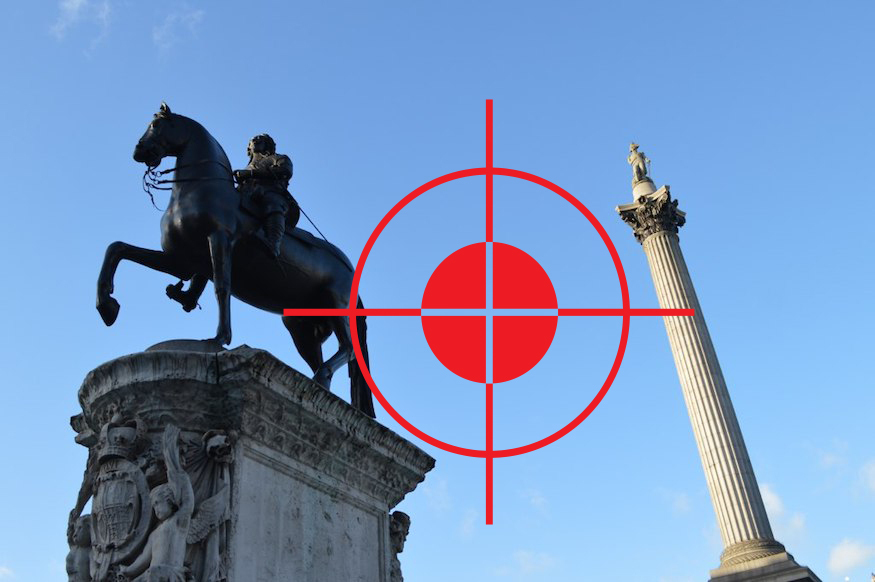 Charles I statue with nelsons column in the background. A red cross-hair is in foreground

