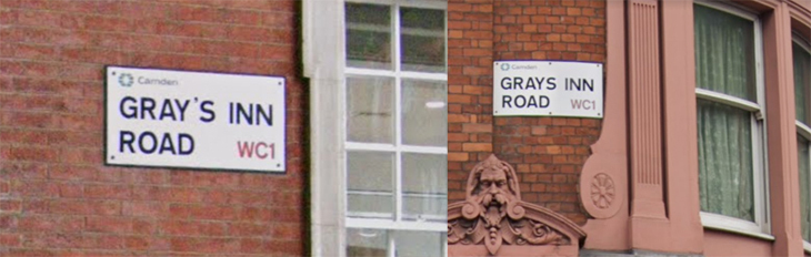 Two signs for Gray's Inn Road or Grays Inn Road