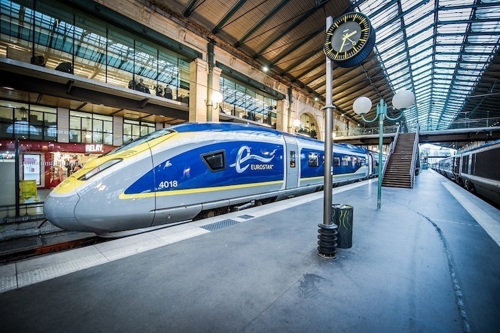 A Eurostar train inside a station