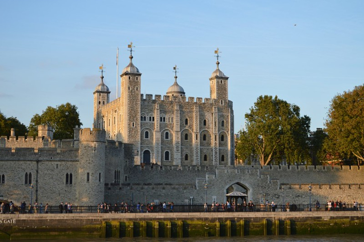 The exterior of the Tower of London, seen from across the river.