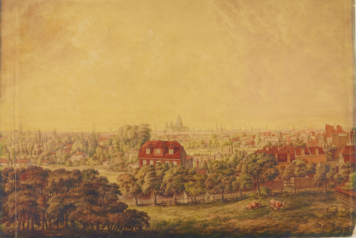 A bucolic view with a large red house in the centre, surrounded by trees