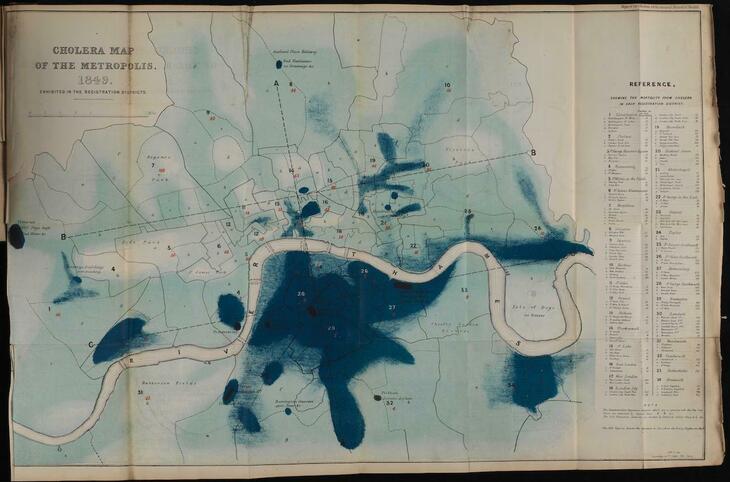 A map highlighting cholera cases in blue