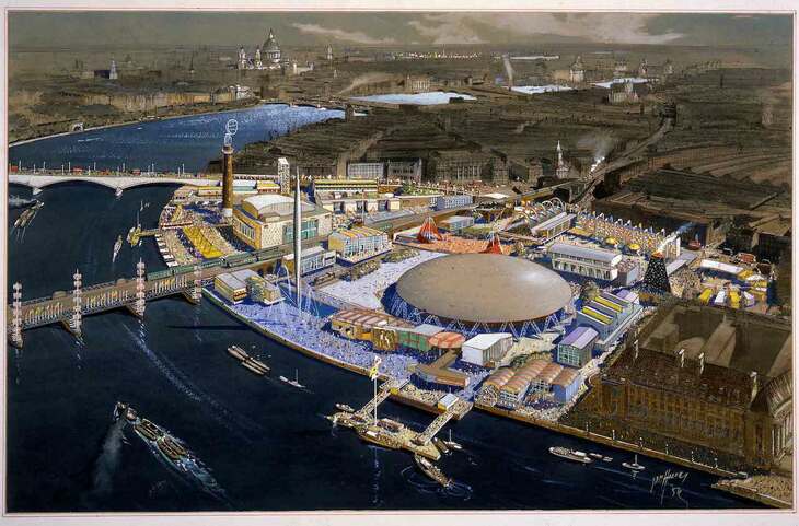 Painting of the South Bank at the Festival of Britain - with a dome at the centre of it