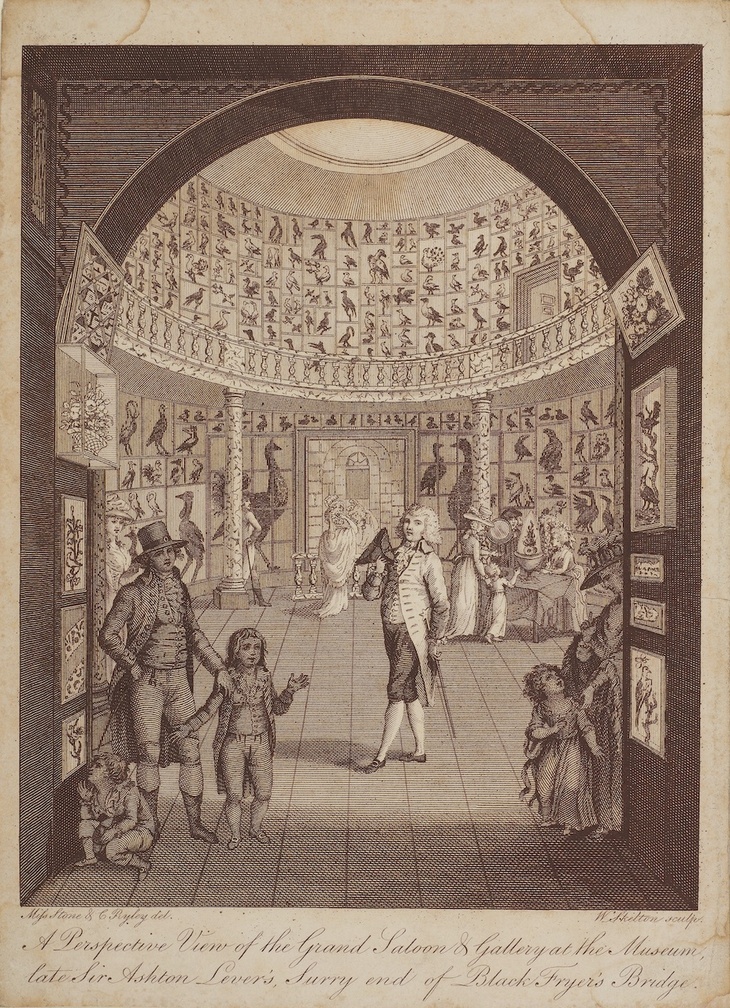 Etching of Georgians in a rotunda full of birds