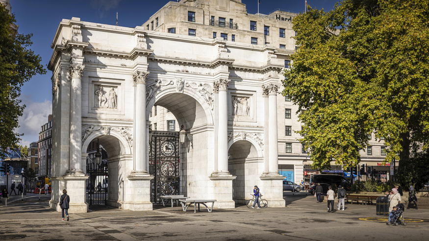 The Marble Arch illuminated in sunlight