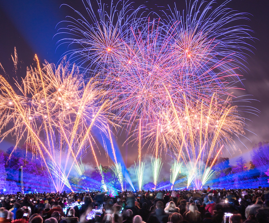 Bonfire Night in London: Crowds standing looking up at a firework display in the sky