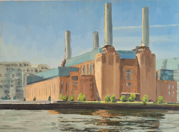 An oil painting of the exterior of Battersea Power Station.