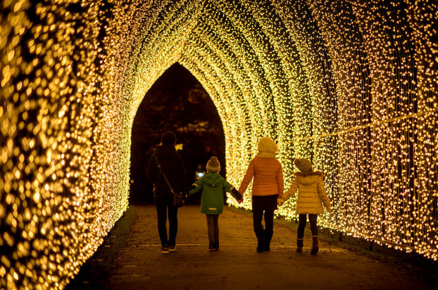 Four children holding hands walking through a tunnel of lights.