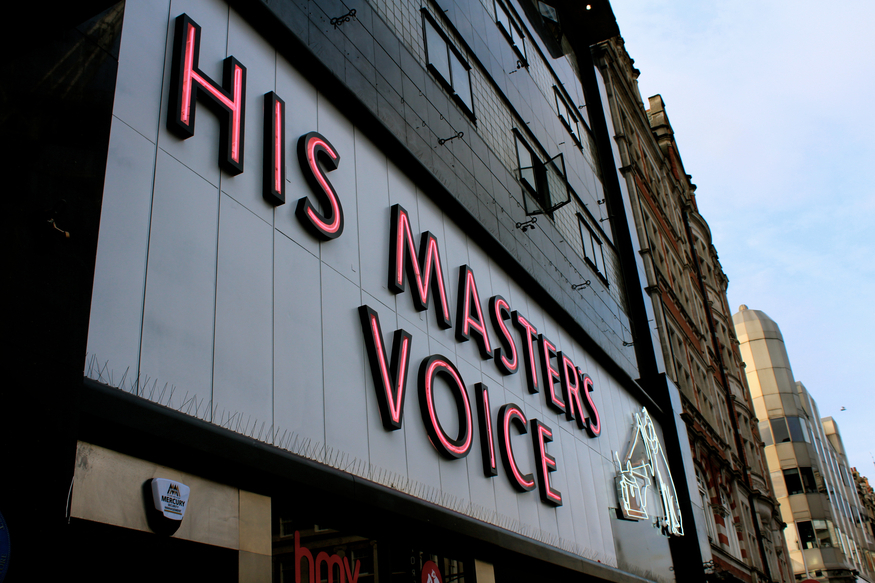 Pink neon signage for His Masters Voice