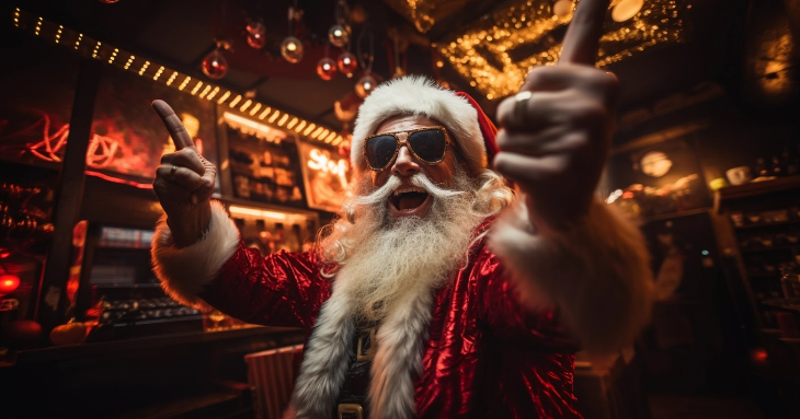 Santa wearing sunglasses inside a bar