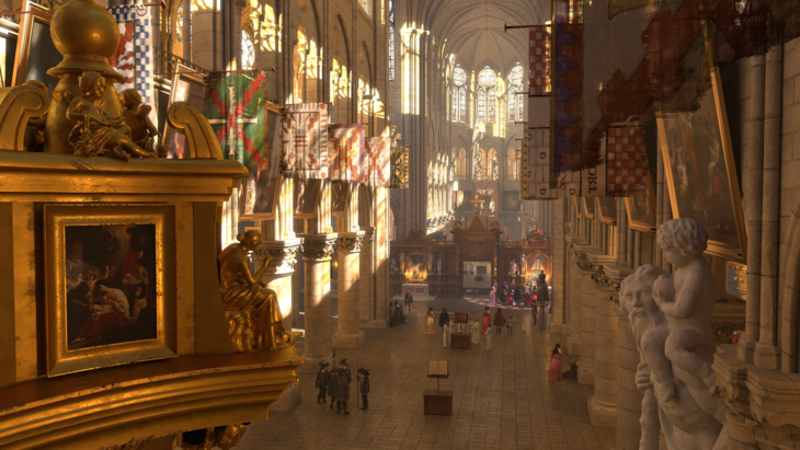 A mock up of the inside of the cathedral, with huge flags hanging from the walls
