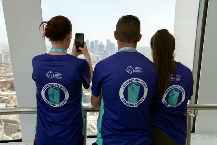 Three people in charity t shirts admiring the view from the top