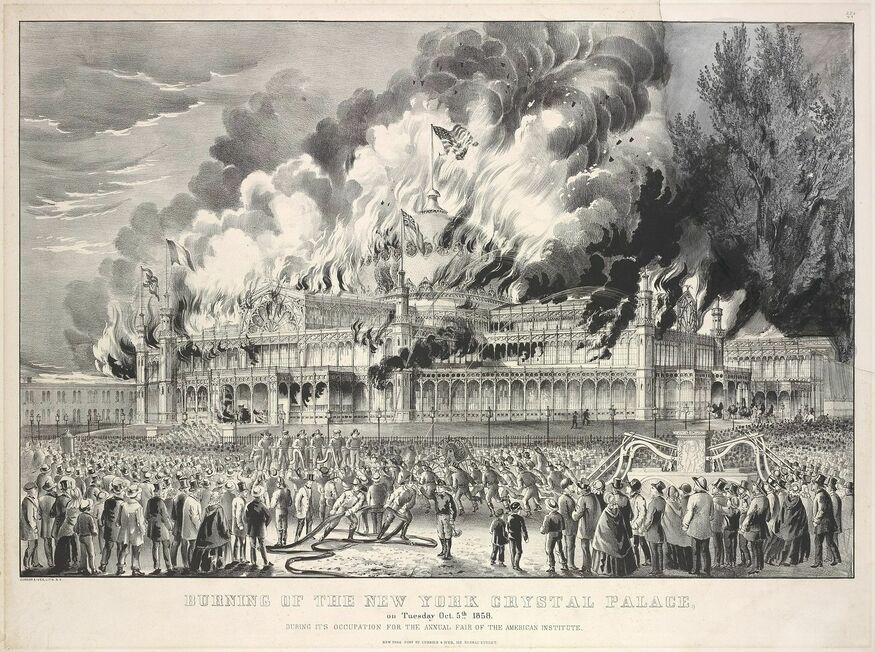 Illustration of the New York Crystal Palace on fire