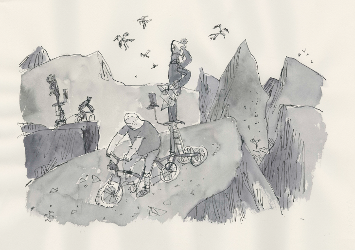 A grayscale Quentin Blake drawing of people on bicycles