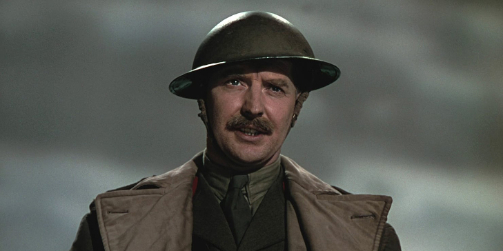 A still from Colonel Blimp of a man wearing a tin soldier helmet