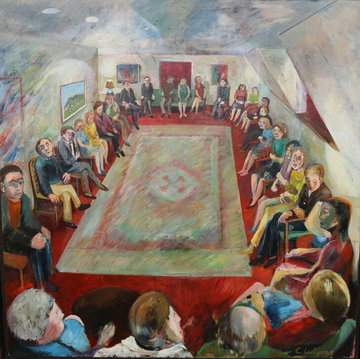 Painting of people sat around a big carpet