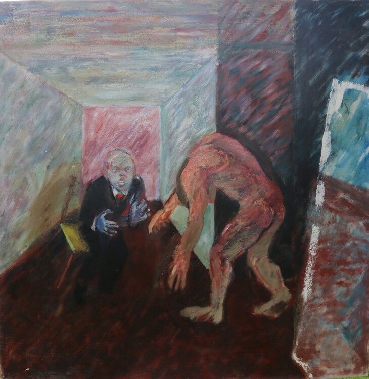 Painting of a naked person in a corridor with a person in a suit