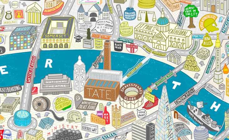 Part of the map showing landmarks on South Bank, including Shakespeare's Globe and Tate