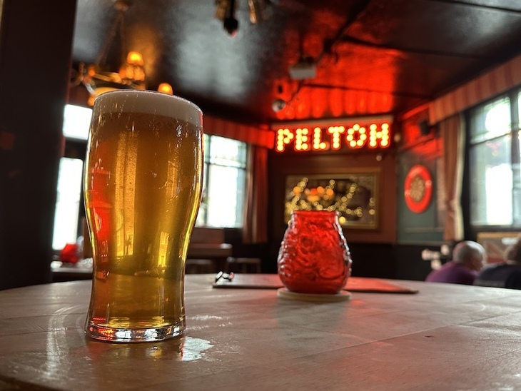 A pint of beer in front of a Pelton sign