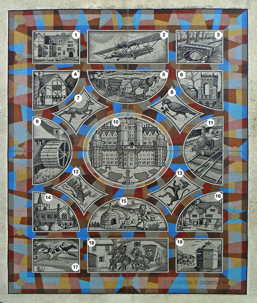 A mosaic in Sutton showing scenes from local history, which are labelled 