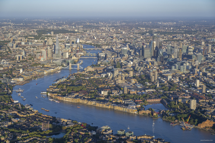 An aerial shot of London, taken from the east