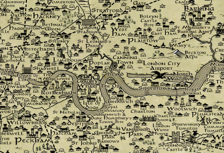 A map of London in Tolkein style showing areas of east london