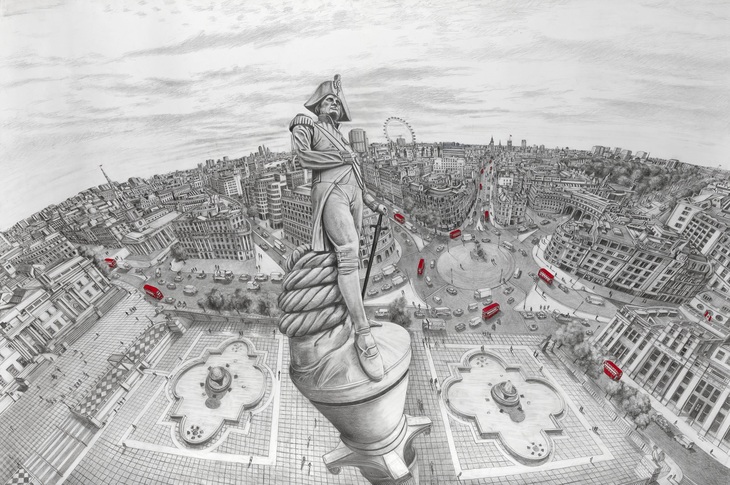 A drawing of Nelson's Column, and London behind it.
