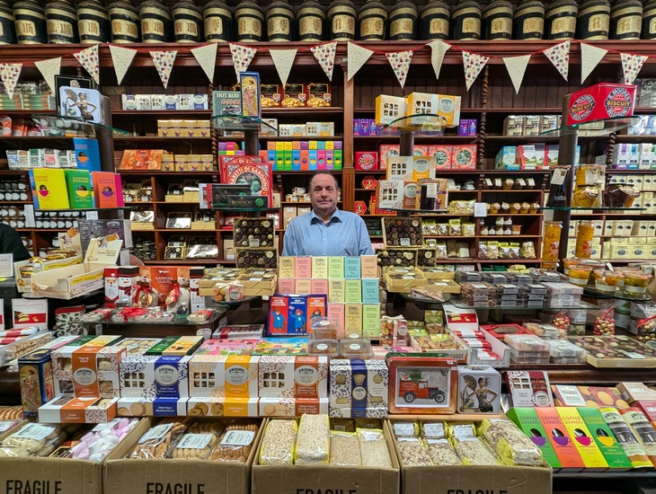 A counter of the shop filled with colourful treats