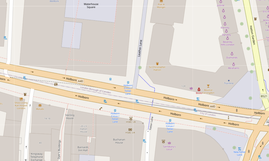 A section of map showing Holborn