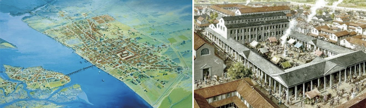 Two views of roman londinium from the air and close up
