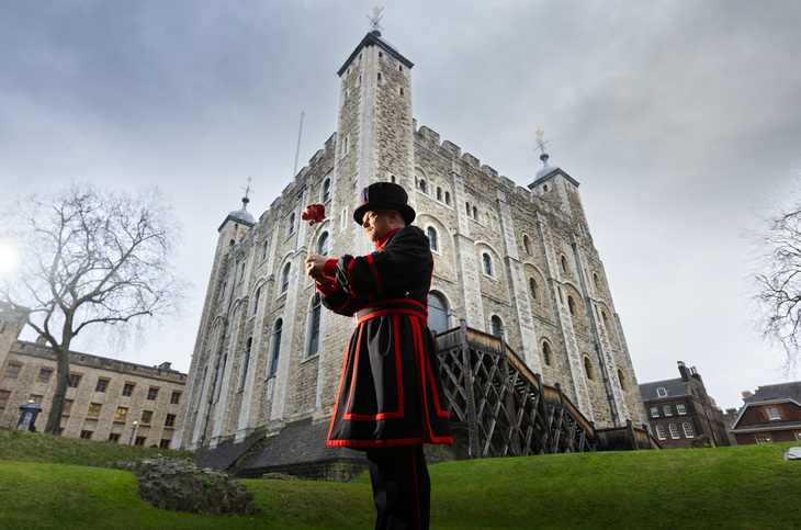 A beefeater holding a poppy in front of the tower