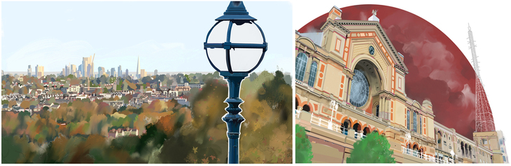 Above left: the view from the South Terrace. Right: the south-facing façade of Alexandra Palace.