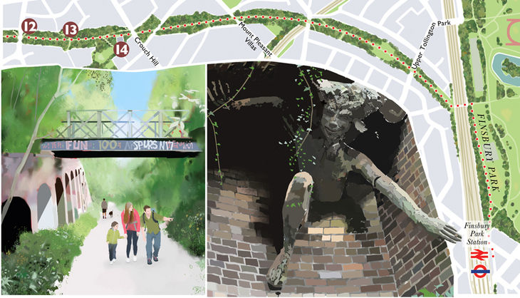 A map and an image of the Spriggan and Parkland Walk