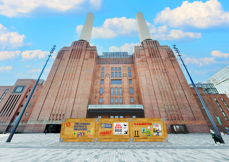 Battersea Power Station with a huge crate outside ut