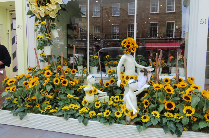 A whole garden of yellow sunflowers outside a shop, with two child mannequins 'playing' in the flowers