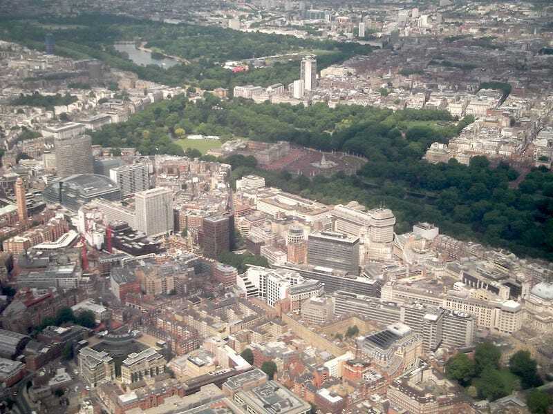 Buckingham Palace and the West End from above