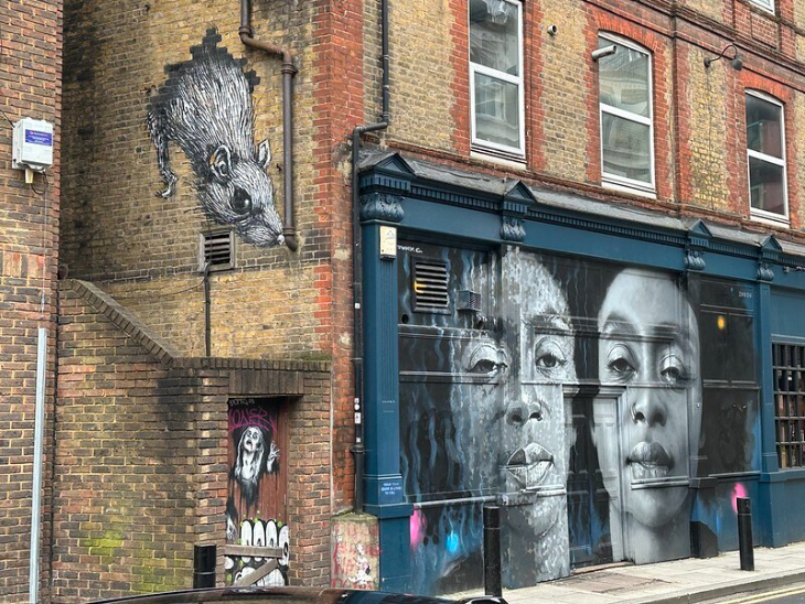 A rat crawls down the side of a pub building in london