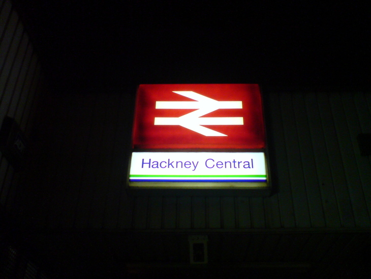 A glowing Hackney central sign