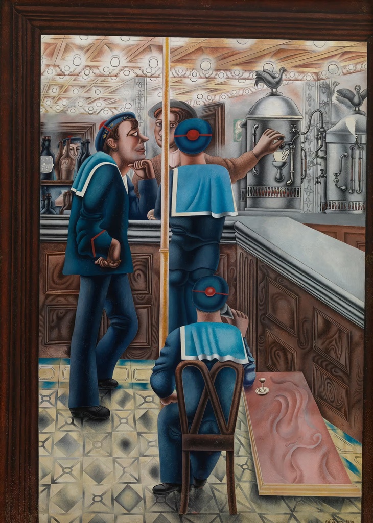A painting of sailors in a coffee shop