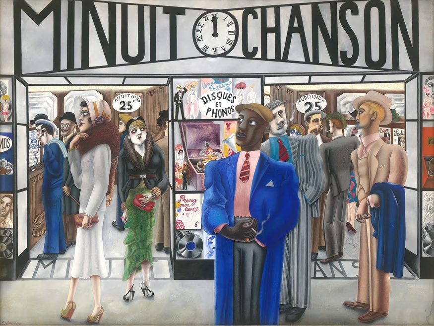 A painting of people outside a Paris record shop