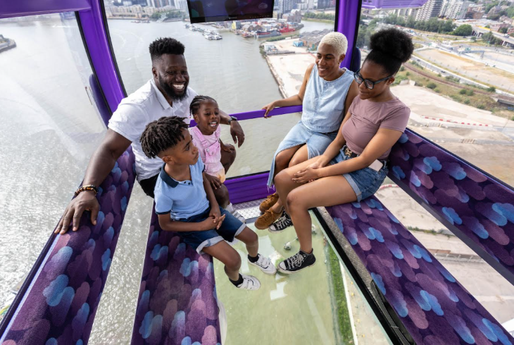 A family in a glass bottom cable car over the Thames