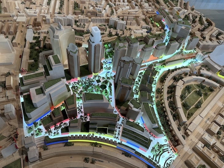 A model of the Earls court development with pedestrian bits glowing