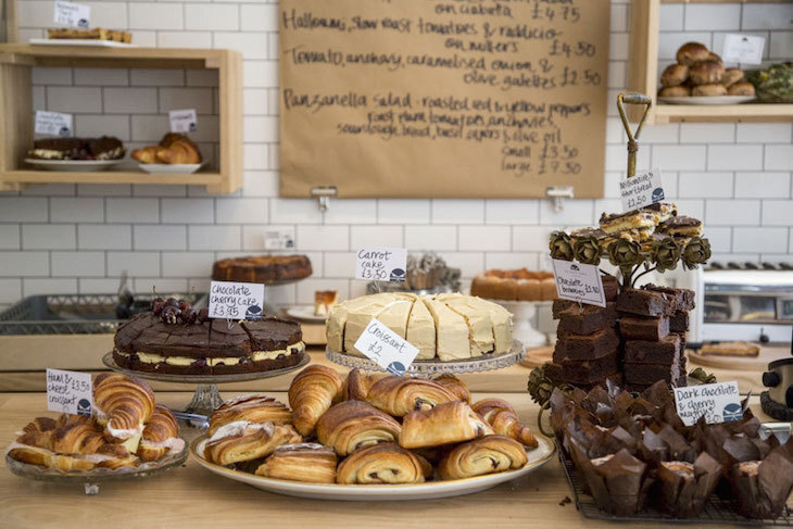 Where to eat in Lewes: a cafe counter with cakes and pastries
