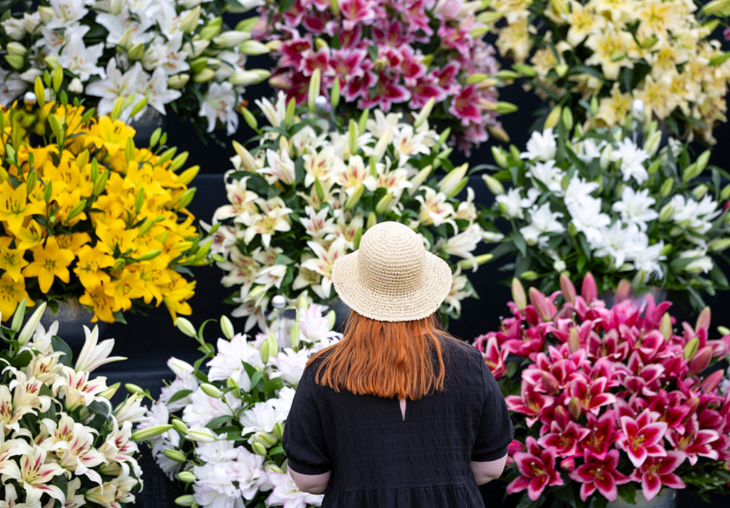 Lady in a hat staring at flowers