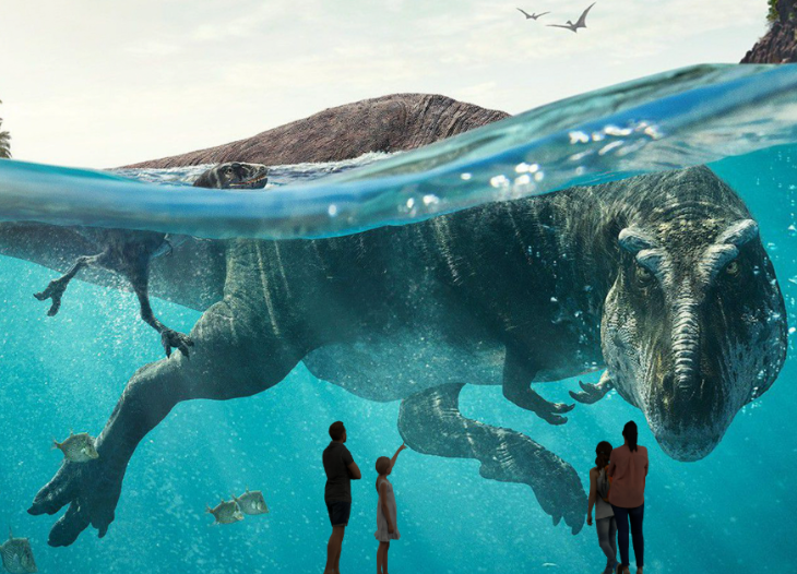 Summer holidays 2025 in London: a family of four silhouetted against a wall depicting a giant swimming dinosaur