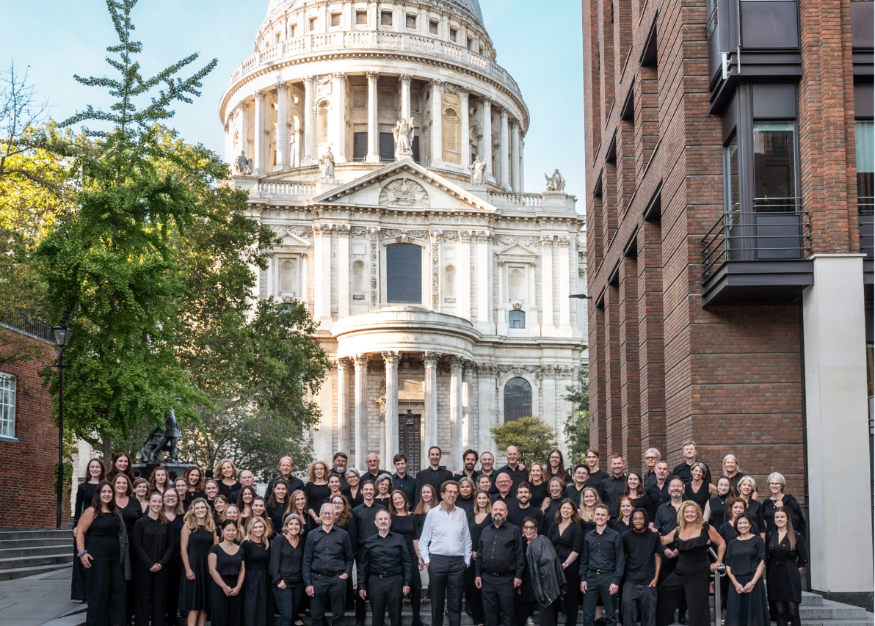 A group of musicians standing outside St Paul's Cathedral