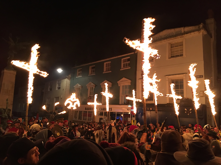 Things to do in Lewes: burning crosses being carried through the streets on Bonfire Night